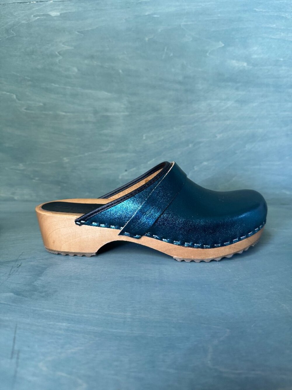 Bjork Metallic Leather Open Back Blue Clogs Handmade w Wood Soles - EU 40/ US 9 - Picture 5 of 10